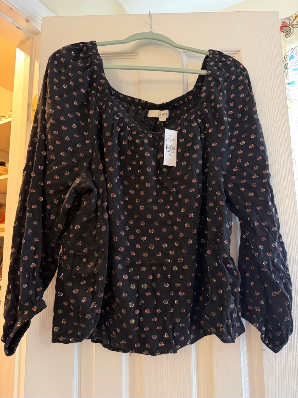 LOFT Black Floral Puff-Sleeve Peasant Blouse